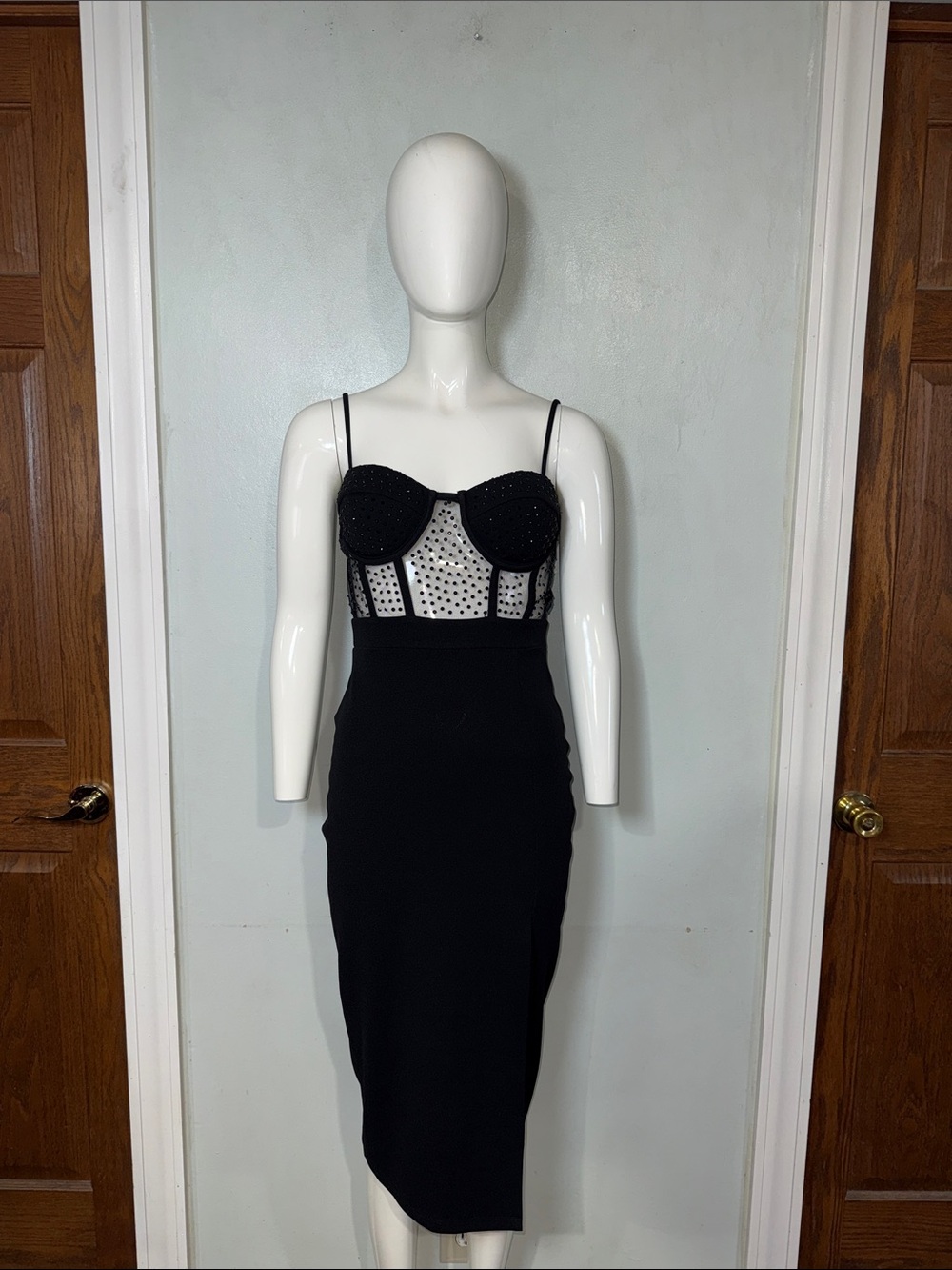 Windsor Black Mesh Bustier Midi Dress Black Rhinestone Bodice Sz S NWT